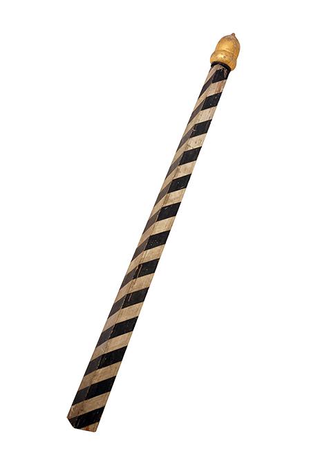A Venetian Wood Mooring Post.: A Venetian Wood Mooring Post. Black and white asymmetrical striped post leading up to a gilt acorn form finial 110" x 6 1/2" (base)