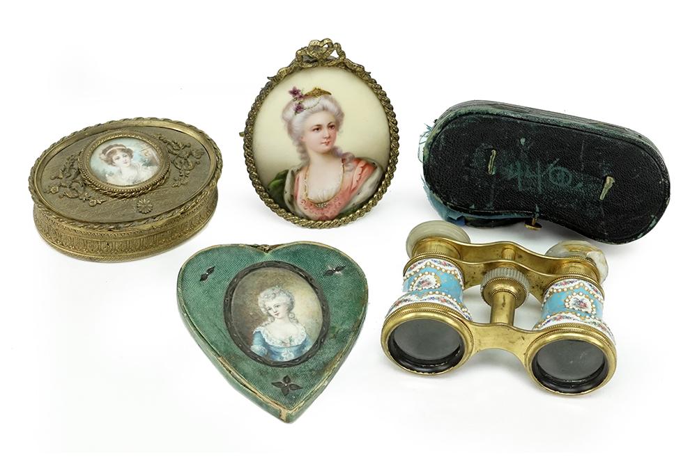 Three Portrait Miniatures.: Three Portrait Miniatures. Comprising an oval vanity box with round portrait, a heart shaped wall hanging with inset oval painted portrait and an oval painted porcelain miniature (3 1/4" x 2 3/4"). To