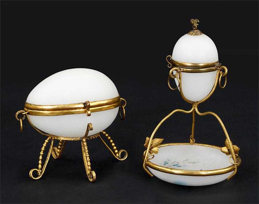 Victorian Art Glass Egg Perfume Bottle.: Victorian Art Glass Egg Perfume Bottle. Featuring an opaline glass egg shaped gilt metal stand with a blown glass perfume bottle inside the egg. Together with an opaline egg shaped bottle and ring tra