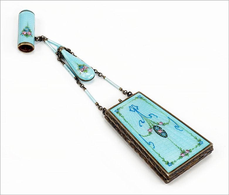 Victorian Guilloche Compact with Perfume and Lipstick: Victorian Guilloche Compact with Perfume and Lipstick Fob. No hallmarks Length: 7" x 1 1/2"