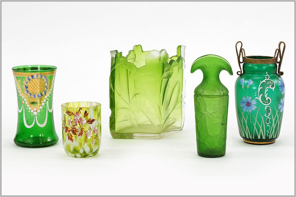 Five Green Enamel and Etched Decorative Items.: Five Green Enamel and Etched Decorative Items. Consisting of a green etched Moser style vase, a green enamel floral decoration vase with brass handles, a green crackle vase, a green and gilt enamel de