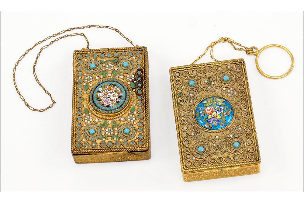 Two Victorian Gilt Metal Mosaic and Champleve Compacts.: Two Victorian Gilt Metal Mosaic and Champleve Compacts. Featuring a mosaic center floral compact in a gilt metal compact. Together with a champleve and enamel center gilt metal compact, with a finger