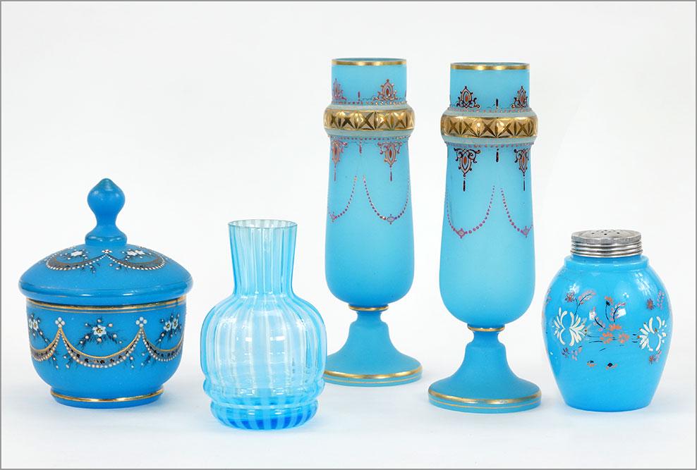 Victorian Blue Opaline and Enamel Decorative Items.: Victorian Blue Opaline and Enamel Decorative Items. Consisting of a pair of gold gilt and enamel blue opaline vases, a covered compote, a blue shaker and a blue opalescent striped vase Vases: 10 1/2"