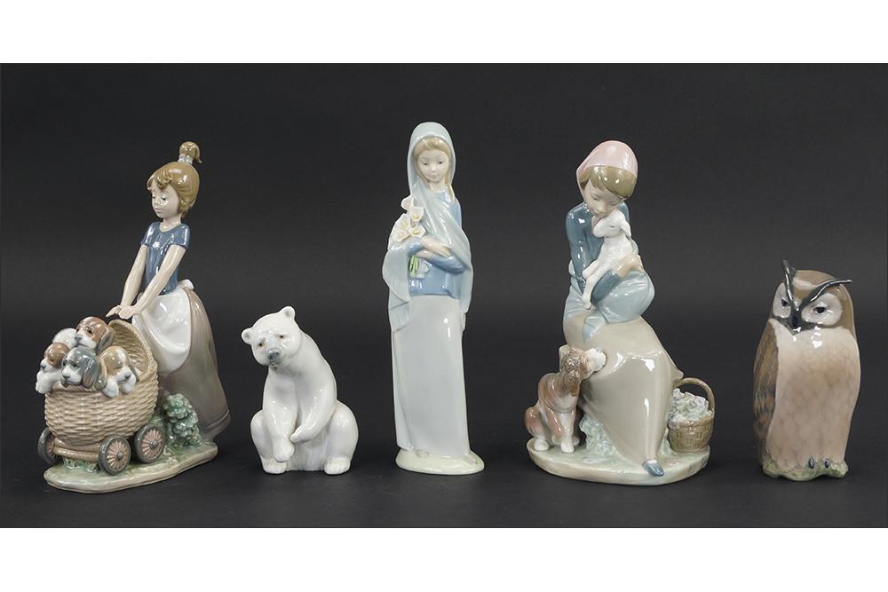 A Lladro Porcelain Figure of Litter of Fun, 5364.: A Lladro Porcelain Figure of Litter of Fun, 5364. Together with a Lladro Virgin Mary a Lladro polar bear, a Lladro girl with lamb and dog and a Royal Copenhagen owl Litter of fun height: 9"