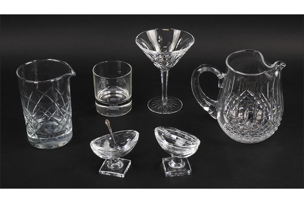 A Pair of Waterford Crystal Martini Glasses in the: A Pair of Waterford Crystal Martini Glasses in the Lismore Pattern. Together with a Waterford crystal pitcher in the Lismore pattern (6 1/4"), a pair of Waterford crystal salt cellars, one sterling sa