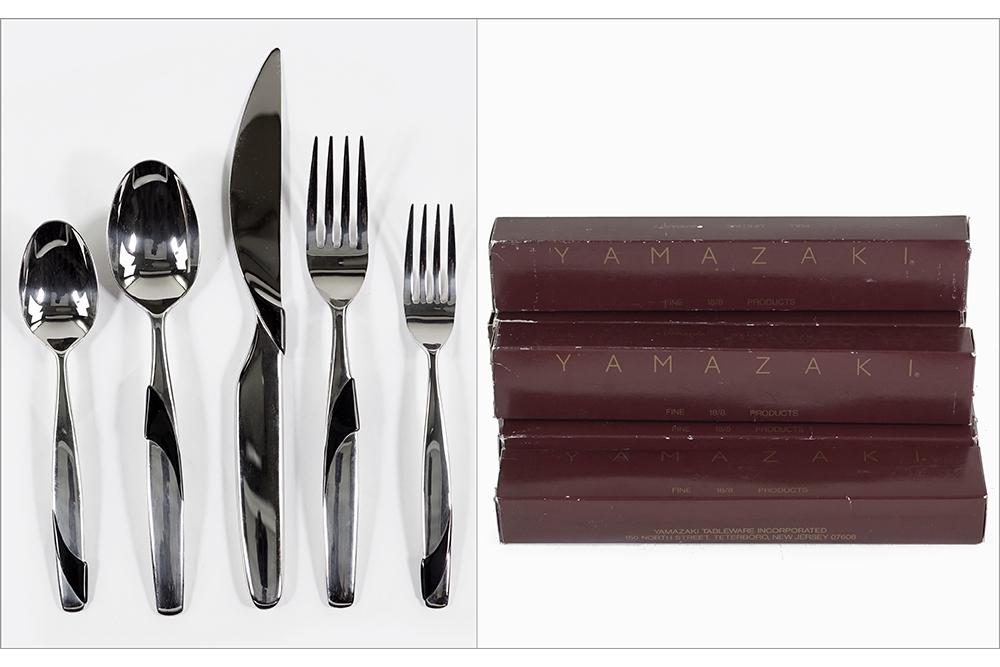 A Yamazaki Stainless Steel Flatware Service in the: A Yamazaki Stainless Steel Flatware Service in the Summer Wind Black Pattern. Service for eight, including dinner forks, salad forks, tablespoons, teaspoons, and dinner knives, in original plastic sle