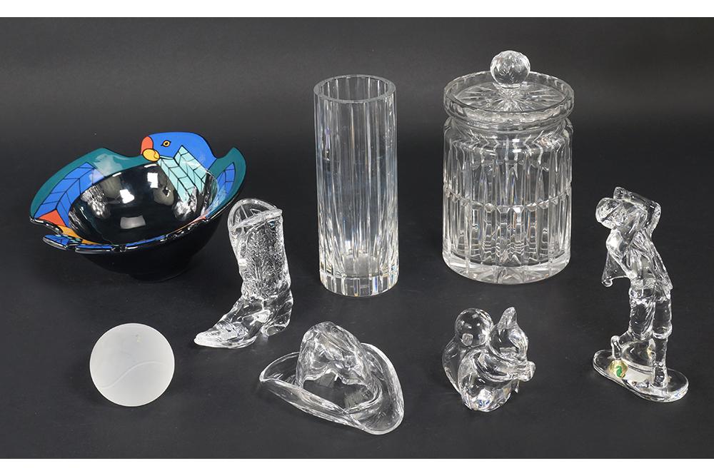 A Collection of Decorative Items.: A Collection of Decorative Items. Comprising a Baccarat vase in the Harmonie pattern (height: 8"), a Waterford golfer, a Ralph Lauren glass cowboy boot and cowboy hat, a Vileroy & Bach glass squirrel,
