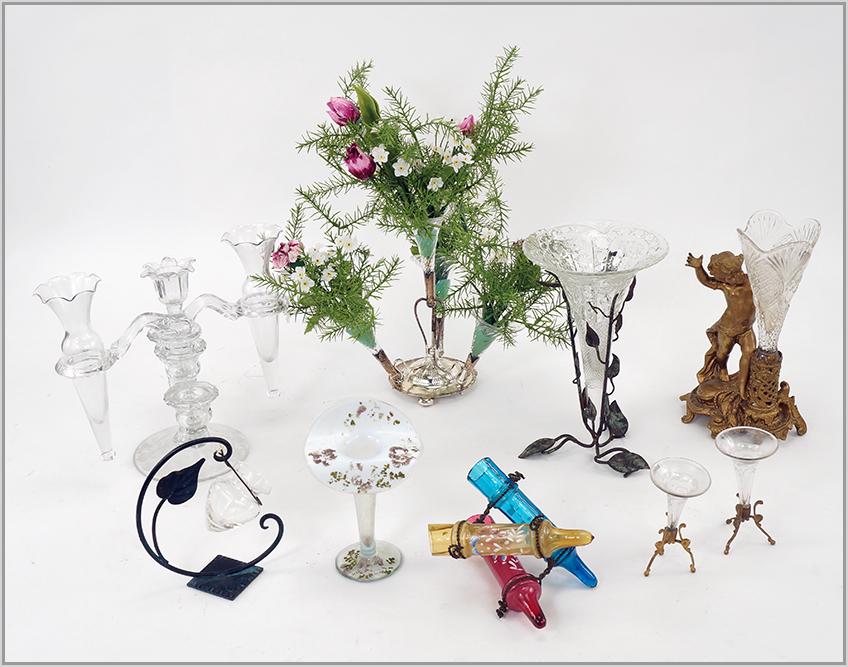 A Collection of Decorative Items.: A Collection of Decorative Items. Comprising a silverplate epergne, a pair of etched glass bud vases, a jack in the pulpit style vase, a two-light candelabra with bud vase insert int he style of Cambr