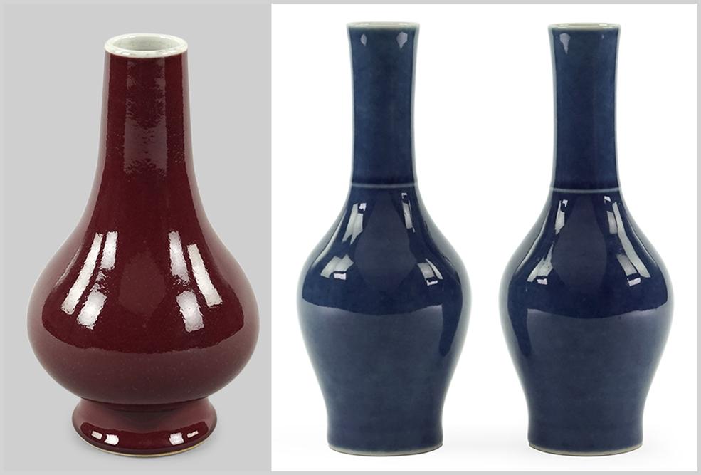 A Pair of Chinese Cobalt Glazed Porcelain Vases.: A Pair of Chinese Cobalt Glazed Porcelain Vases. Each bearing an underglaze blue six-character Kangxi mark on the underside. Together with a Chinese sang de boeuf porcelain vase bearing an underglaze 