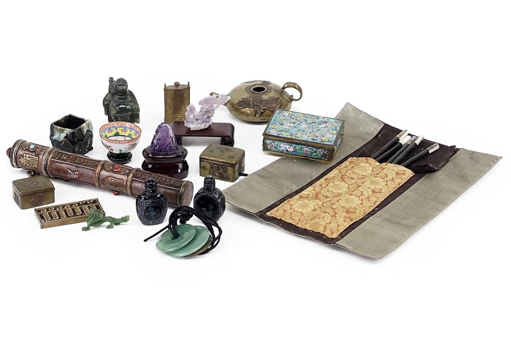 A Group of Decorative Asian Articles.: A Group of Decorative Asian Articles. Consisting of paper mache snuff bottles, a miniature brass abacus, a brass incense burner, carved dragons, brass boxes, a champleve box, abalone top chop sticks a