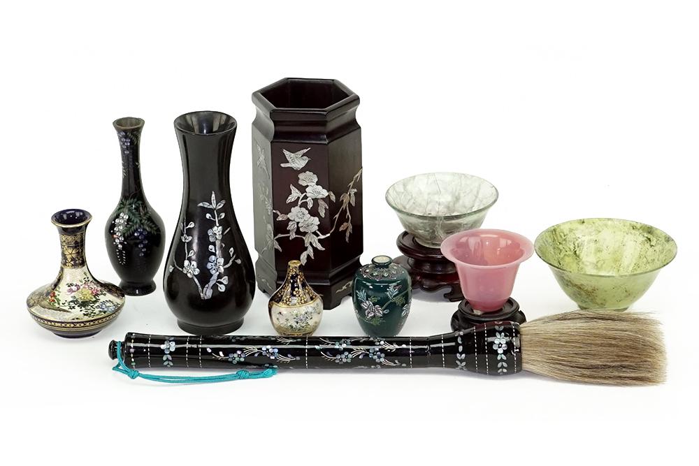 A Collection of Decorative Asian Items.: A Collection of Decorative Asian Items. Consisting of a calligraphy brush, five small cabinet vases, an inlaid mother of pearl vase and three small stone bowls Brush: 15"