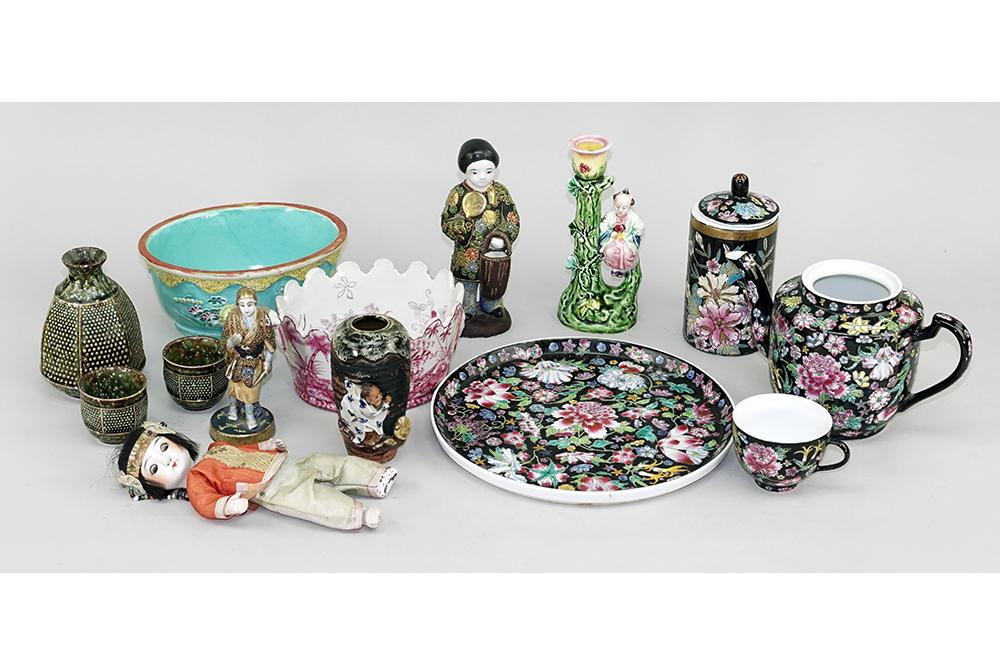 A Group of Asian Decorative Table Articles.: A Group of Asian Decorative Table Articles. Consisting of tea pot and tray, sake set, Satsuma figurines, Asian doll, figural candlestick and bowl Tea Pot: 6" x 9"