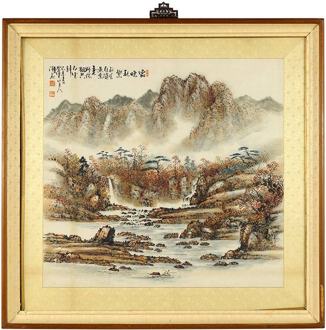 A 20th Century Korean Scroll Painting.: A 20th Century Korean Scroll Painting. Depicting a mountainous landscape. Watercolor and ink on paper mounted on silk, inscribed upper left and with three red seals 24 1/2" x 25 3/4" Frame: 33 1/4" x 