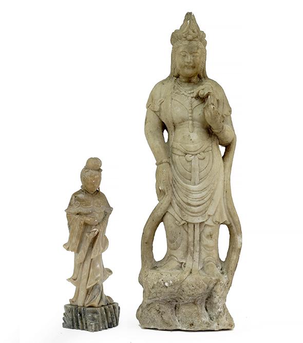 A Chinese Carved Stone Figure of Guan Yin.: A Chinese Carved Stone Figure of Guan Yin. Together with a Chinese carved soapstone figure of Guanyin (height: 11 1/2") Height: 21 1/2"