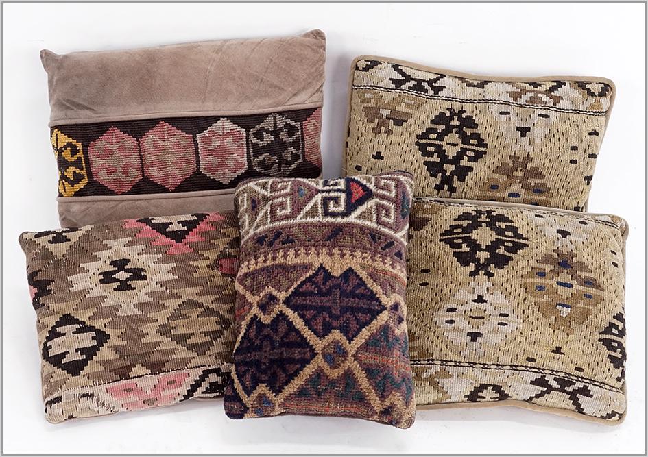 Five Rug PIllows.: Five Rug PIllows. Comprising a pair of Kilim pillows (12" x 14"), two Kilim pillows and a Kazak pillow