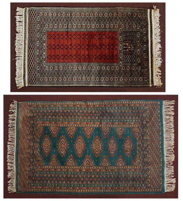 Two Wool Rugs.: Two Wool Rugs. Comprising a Bokhara teal rug and a red, black and cream prayer rug (4'2" x 2'6") Bokhara: 5' x 3'1"