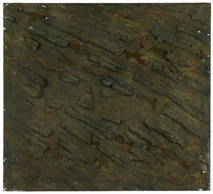 Harry Bouras (American, 1931-1990) Fragment (A.B.).: Harry Bouras (American, 1931-1990) Fragment (A.B.). Oil and plaster on canvas, signed en verso, titled, dated 12-4-76 and inscribed 'No. 38', unframed 30" x 33"