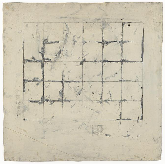 Harry Bouras (American, 1931-1990) Grid.: Harry Bouras (American, 1931-1990) Grid. Oil and cement on board, signed en verso, titled, dated Dec. 1975, and inscribed 'No. 13', unframed 32 1/2" x 32 1/2"