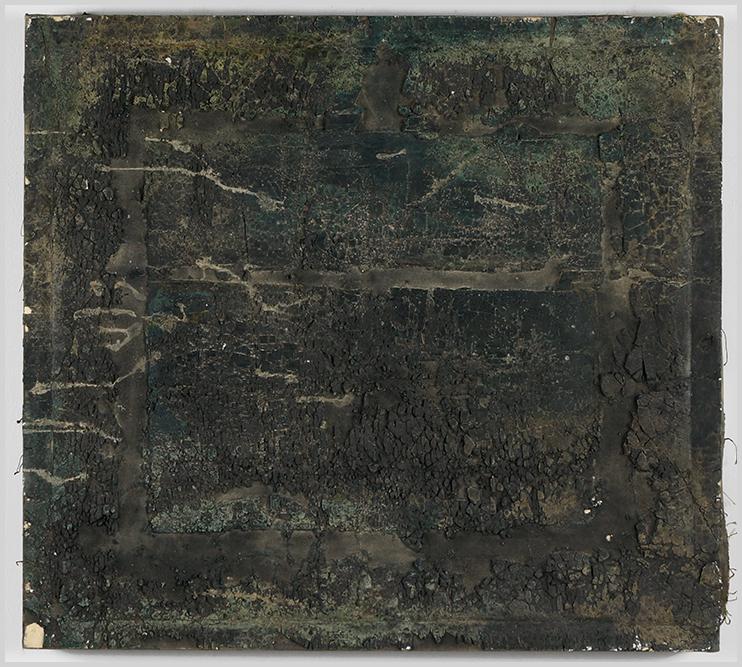 Harry Bouras (American, 1931-1990) Outlook.: Harry Bouras (American, 1931-1990) Outlook. Oil and plaster on canvas, signed en verso, titled, dated 4-77, and inscribed 'No. 26', unframed 30" x 33"