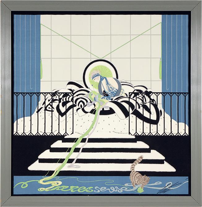 After Erte (Romain de Tirtoff) (Russian-French,: After Erte (Romain de Tirtoff) (Russian-French, 1892-1990) Paresse. Printed scarf after the Erte design 34" x 33" Frame: 37 1/4" x 36 1/4"