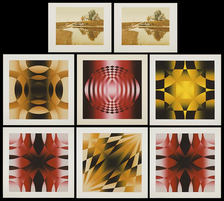 Mark Rowland (American, 20th Century) Six Color: Mark Rowland (American, 20th Century) Six Color Serigraphs. Each pencil signed lower right and numbered from editions of 300, unframed. Together with two lithographs by Mervyn Corning Each: 25" x 25"