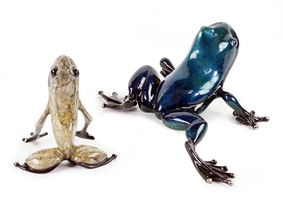 Tim Cotterill (British, B. 1950) Two Frogs.: Tim Cotterill (British, B. 1950) Two Frogs. Each is a polychrome bronze frog. The green and blue frog is signed, dated 02, numbered twice 2258/5000 and 258/400. The grey/brown frog is signed, dated 05