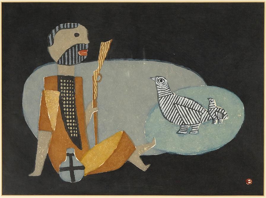 Umetaro Azechi (Japanese, 1902-1999) Birds With Hunter.: Umetaro Azechi (Japanese, 1902-1999) Birds With Hunter. Woodblock print. Pencil signed, dated 55 and numbered 47/50 along lower margin 14 1/4" x 19" Frame: 18 3/4" x 24 1/4"