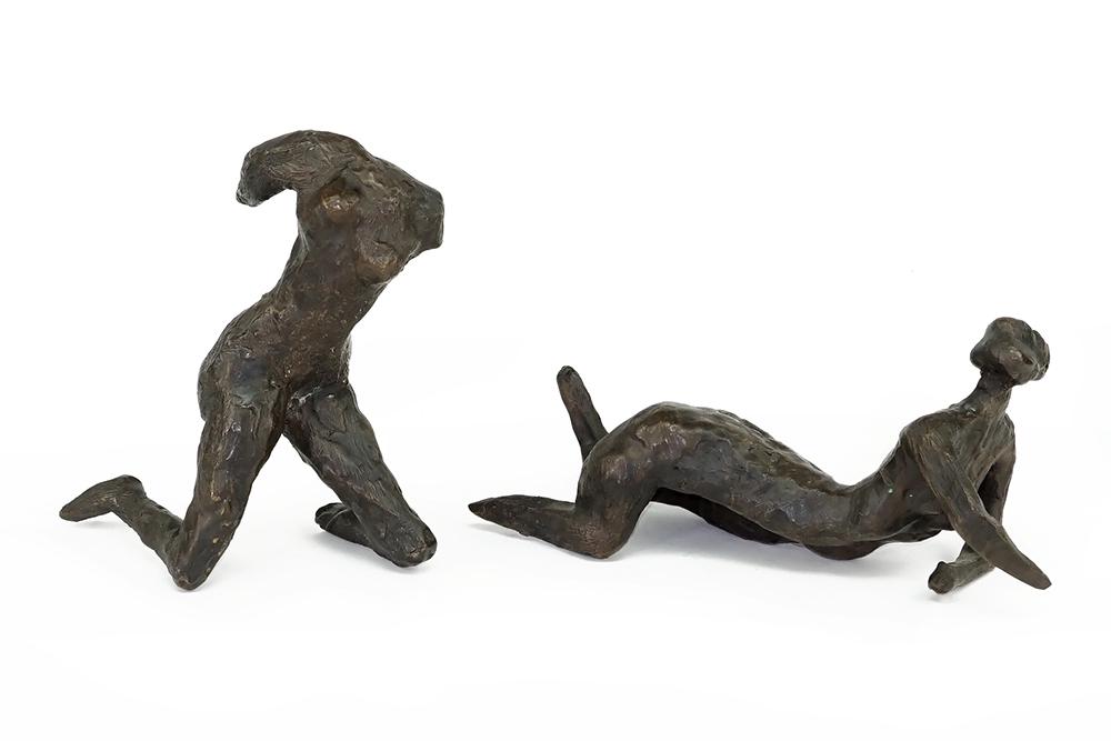 Artist Unknown (20th Century) Two Nudes.: Artist Unknown (20th Century) Two Nudes. Two patinated bronze figures of nude women; one kneeling and the other lying down. Neither are signed Kneeling figure height: 7"