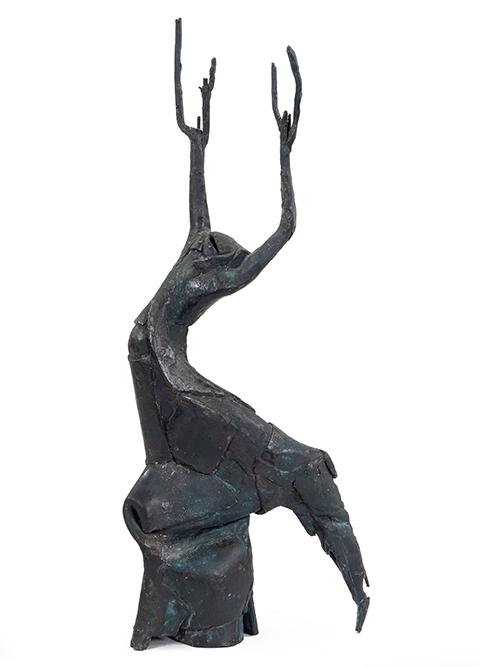 Artist Unknown (20th Century) Reaching Figure.: Artist Unknown (20th Century) Reaching Figure. Patinated bronze figure with arms up and one leg behind. Impressed along the side "E 50" Height: 19 3/4"