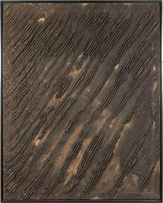 Harry Bouras (American, 1931-1990) Mill Road Passage.: Harry Bouras (American, 1931-1990) Mill Road Passage. Oil and plaster on canvas, signed en verso, titled, dated 9/77, and inscribed 'No. 15' 50" x 40" Frame: 51 3/4" x 41 1/2"