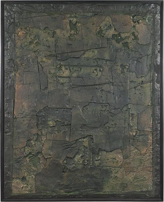 Harry Bouras (American, 1931-1990) Savannah I.: Harry Bouras (American, 1931-1990) Savannah I. Oil and plaster on canvas, signed en verso, titled, dated 8-18-77, and inscribed 'No. 11' 50" x 40" Frame: 51 1/2" x 42"