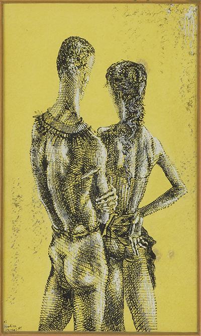 Stephen Hopkins Hensel (American, 1921-1979) Acrobats.: Stephen Hopkins Hensel (American, 1921-1979) Acrobats. Watercolor, ink and gouache. Signed lower left and dated 47. Provenance: Grand Central Art Galleries, New York Sight: 10 1/4" x 6 1/4" Frame: 15 