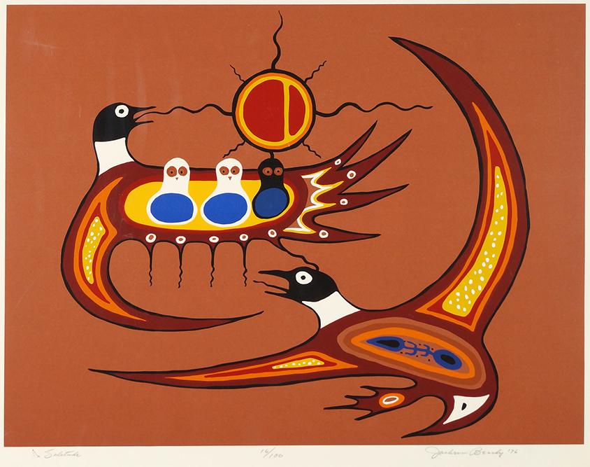 Jackson Beardy (Native American, 1944-1984) Solitude.: Jackson Beardy (Native American, 1944-1984) Solitude. Color serigraph, pencil signed lower right, dated 76, titled and numbered 16/100 Sight: 17 3/4" x 23 1/2" Frame; 24 1/4" x 30 1/4"