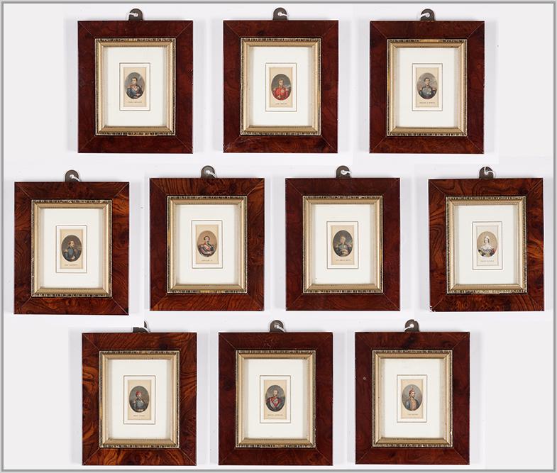 George Baxter (British, 1804-1867) Ten Historical: George Baxter (British, 1804-1867) Ten Historical Portraits. Chromolithographs, including Queen Victoria, Napoleon, Duke of Cambridge, and others Each: 1 3/4" x 1" Frame: 6" x 5 1/4"
