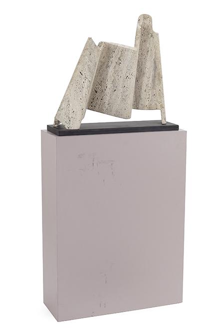 Henry Bursztynowicz (American, 1922-2001) Folded Veil.: Henry Bursztynowicz (American, 1922-2001) Folded Veil. Travertine sculpture, unsigned. Raised on a 1" slate base and with a laminated pedestal (35" x 26" x 10"). Provenance: Ruth Volid Gallery, Chicag