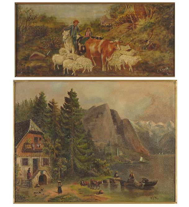 Artists Unknown Two Works.: Artists Unknown Two Works. Including 'Alpine Lake' an oil on board, initialed 'OJR' and 'Return of the Flock' an oil on canvas, signed 'E. Krause '22' lower right Larger: 15 1/2" x 20 1/2" Frame: 22 3