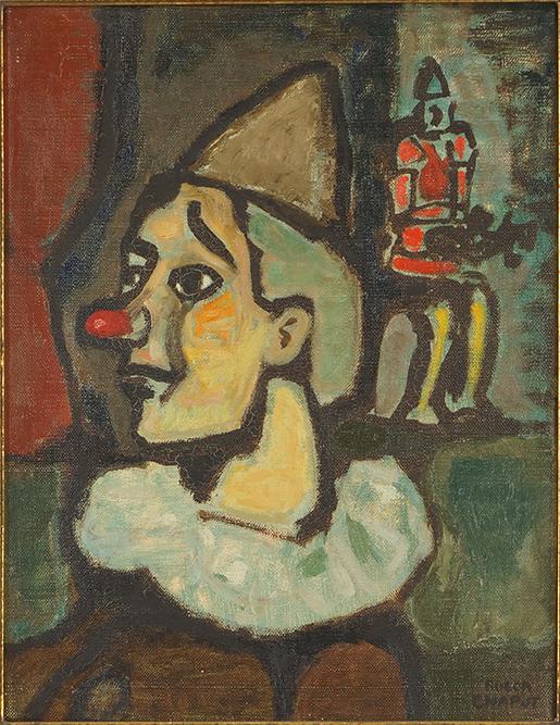 Roger Chaput (French, 1909-1995) Clowns.: Roger Chaput (French, 1909-1995) Clowns. Oil on canvas, signed lower right; signed and titled en verso. Provenance: Marshall Field & Co., Chicago 13" x 10 1/4" Frame: 16 1/2" x 13 1/2"