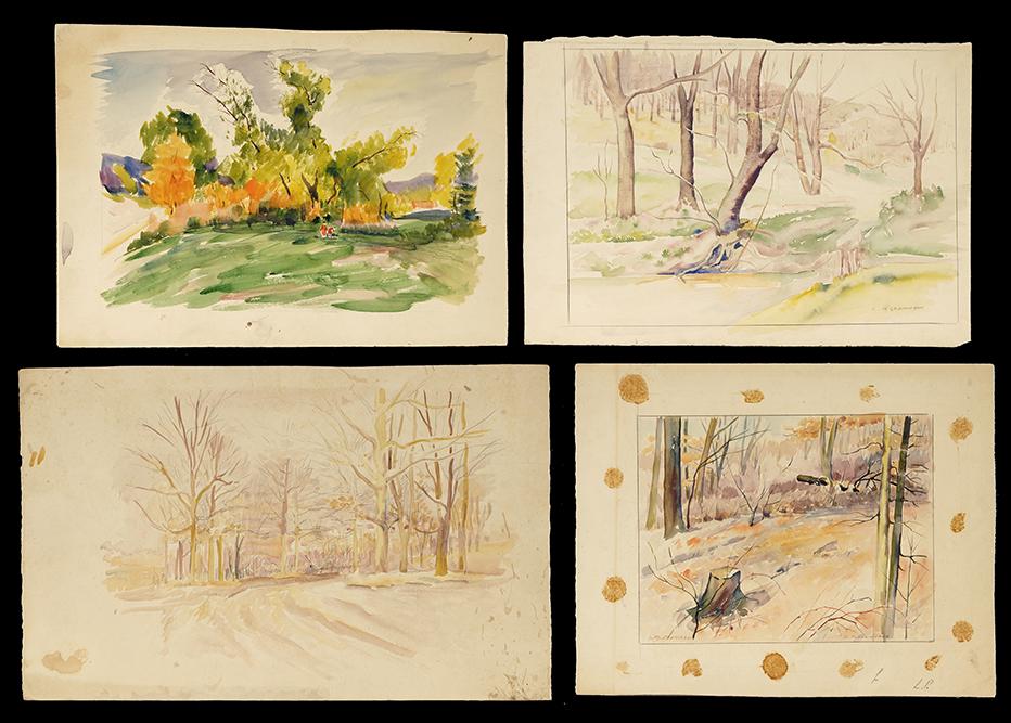 Louis Phillipe Grumieaux (Belgian-American, 1872-1953): Louis Phillipe Grumieaux (Belgian-American, 1872-1953) Four Works. Watercolor landscapes, two are signed lower right, unframed. Provenance: Estate of the artist Largest: 11 1/2" x 16"