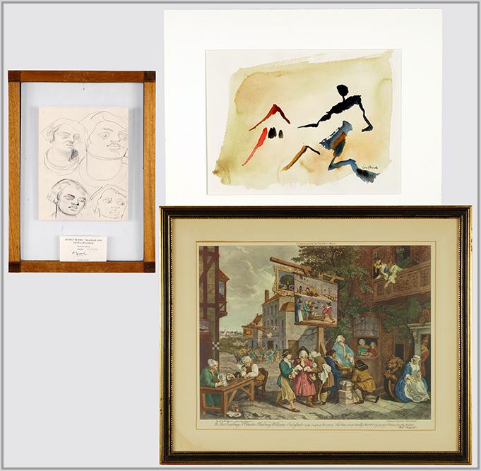 Leo Brooks (American, 1909-1993) Composition.: Leo Brooks (American, 1909-1993) Composition. Watercolor, signed lower right. Together with a facsimile of a Henry Moore drawing numbered 181/250, and a reproduction of a Hogarth etching 11" x 14 1/4"