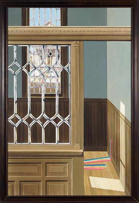 Kathleen Eaton (American, Contemporary) Leaded Glass: Kathleen Eaton (American, Contemporary) Leaded Glass Window. Oil on masonite, signed lower left 48" x 31.5" Frame: 51.75" x 35"