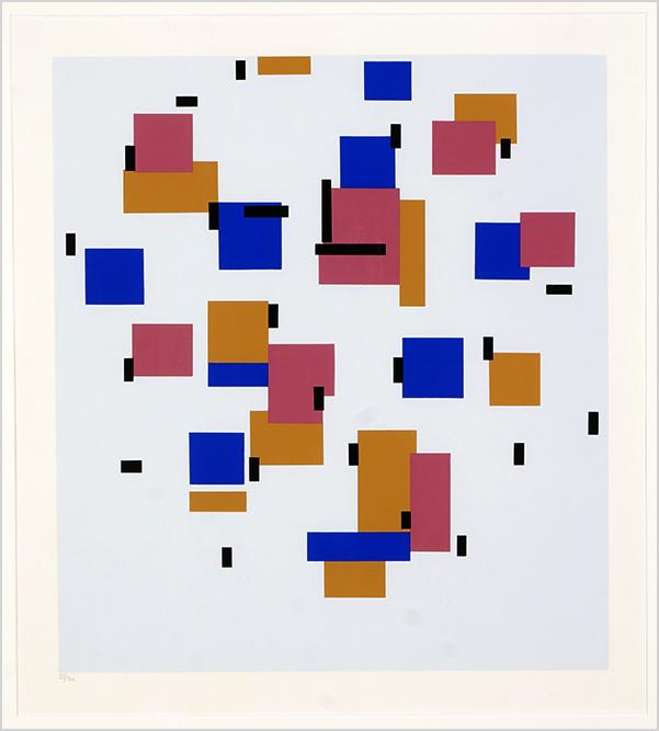 After Piet Mondrian (Dutch, 1872-1944) Composition en: After Piet Mondrian (Dutch, 1872-1944) Composition en Bleu. Color serigraph, unsigned. Pencil numbered 25/300 Sight: 15.5" x 13.75" Frame: 27.75" x 25"