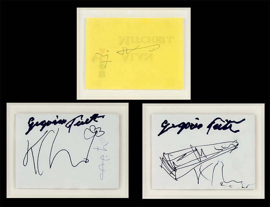 Three Framed Autographs.: Three Framed Autographs. Comprising a signed yellow piece of paper by Los Carpinteros, and two signed sheets by George Fuentes and Kcho Frames: 7.75" x 8.75"