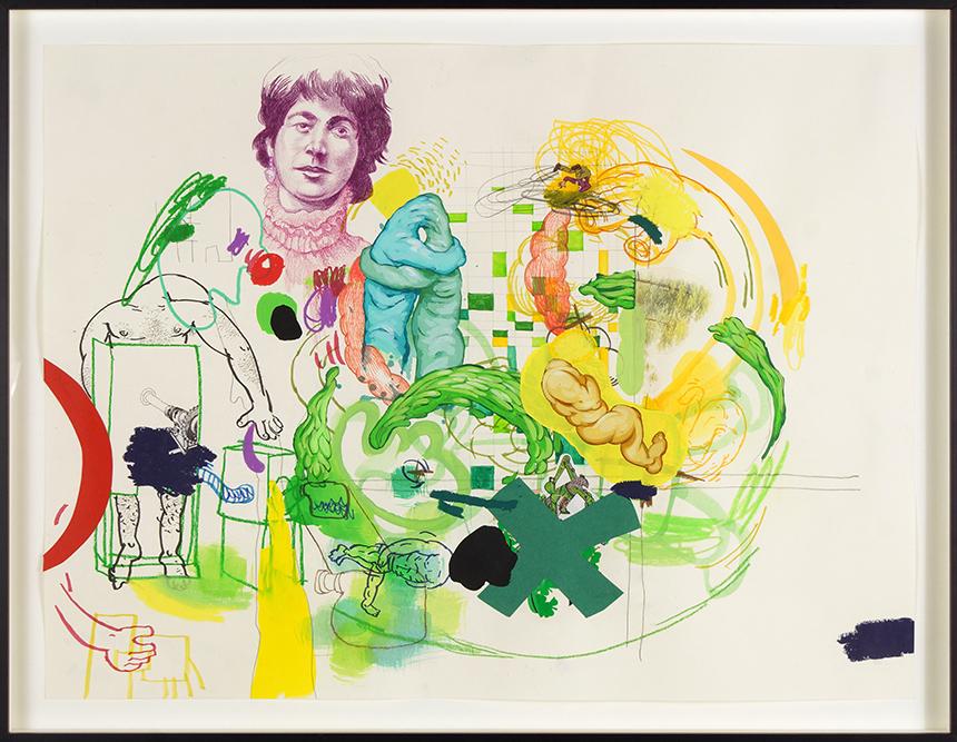 Adam Janes (American, B. 1976) Held Together Under the: Adam Janes (American, B. 1976) Held Together Under the Purple Head. Mixed media on paper. Provenance: Roberts & Tilton, Los Angeles 18" x 24" Frame: 21" x 27"