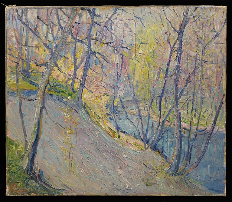 Louis Phillipe Grumieaux (Belgian-American, 1872-1953): Louis Phillipe Grumieaux (Belgian-American, 1872-1953) River Bank. Oil on canvas, unsigned, unframed. Provenance: Estate of the artist 18" x 21"