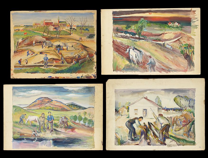 Louis Phillipe Grumieaux (Belgian-American, 1872-1953): Louis Phillipe Grumieaux (Belgian-American, 1872-1953) Farm Scenes. Four watercolors, one signed lower right and dated '37, unframed. Provenance: Estate of the artist Largest: 18 1/2" x 24 1/2"