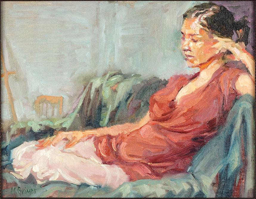 Melissa Grimes (American, 20th Century) Women: Melissa Grimes (American, 20th Century) Women Reclining. Oil on plywood, signed lower left 11" x 14" Frame: 15 3/4" x 18 3/4"