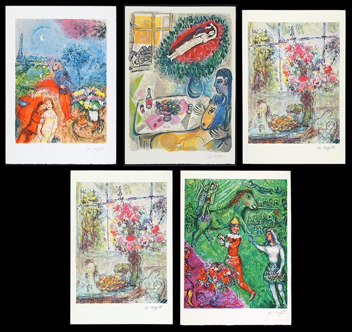 After Marc Chagall (Russian-French, 1887-1985) Five: After Marc Chagall (Russian-French, 1887-1985) Five Color Lithographs. Each with a facsimile signature lower right, unframed Largest: 31" x 22 1/2"