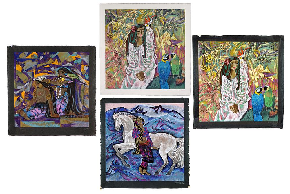 Zhou Ling (Chinese, B. 1941) Quiet Moment.: Zhou Ling (Chinese, B. 1941) Quiet Moment. Color serigraph, approximately 18 impressions on white paper and 1 on black paper, each pencil signed lower right and inscribed AAP. Together with two others