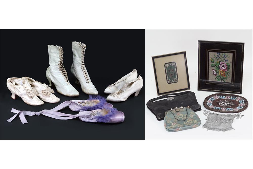 A Group of Victorian Leather Shoes and Framed Bead: A Group of Victorian Leather Shoes and Framed Bead Work. Consisting of two pair of leather shoes and boots, a pair of satin shoes and a pair of ballerina slippers. Together with a black leather evenin