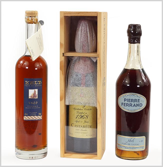A Bottle of Pierre Ferrand Abel Cru de Cognac.: A Bottle of Pierre Ferrand Abel Cru de Cognac. Number 81. Together with a bottle of Castrede 1968 armagnac with box, and a bottle of Kelt Tour Du Monde cognac with box. All three are unopened